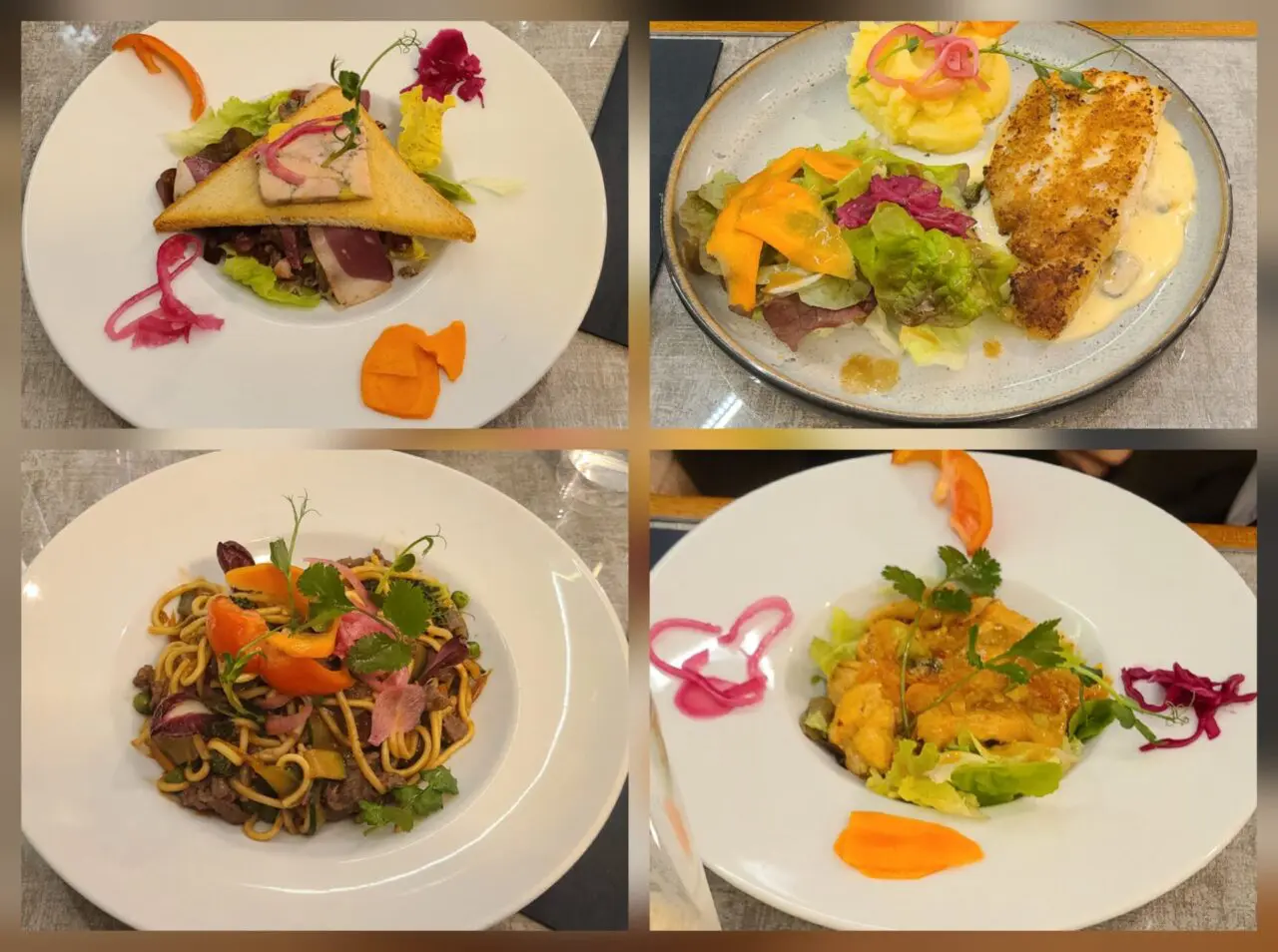 Collage of elegant French dishes from La Belle Epoque restaurant in Brest with artistic plating and colorful presentations