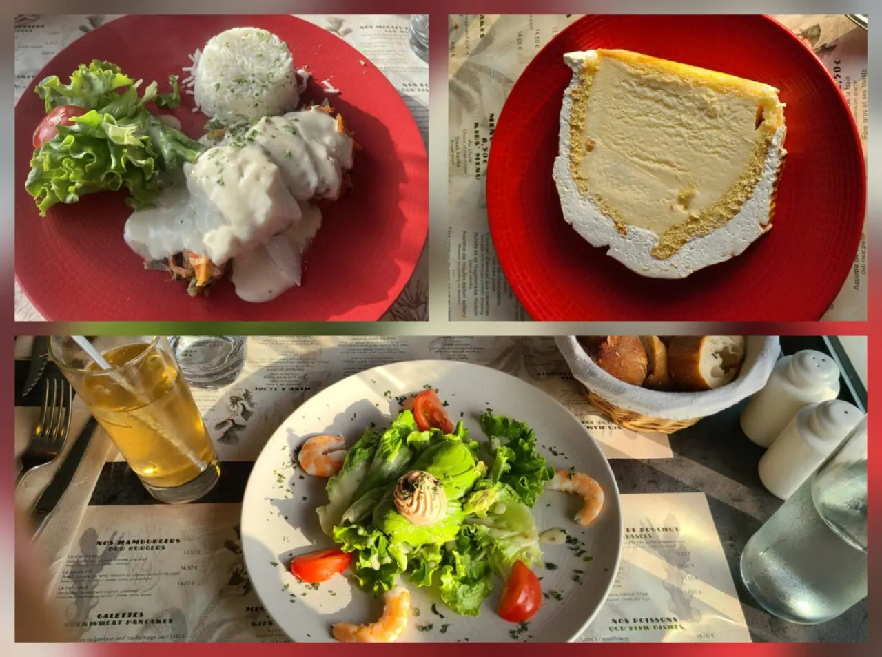 La Casa de Quentin restaurant food collage showing main course, dessert and salad dishes