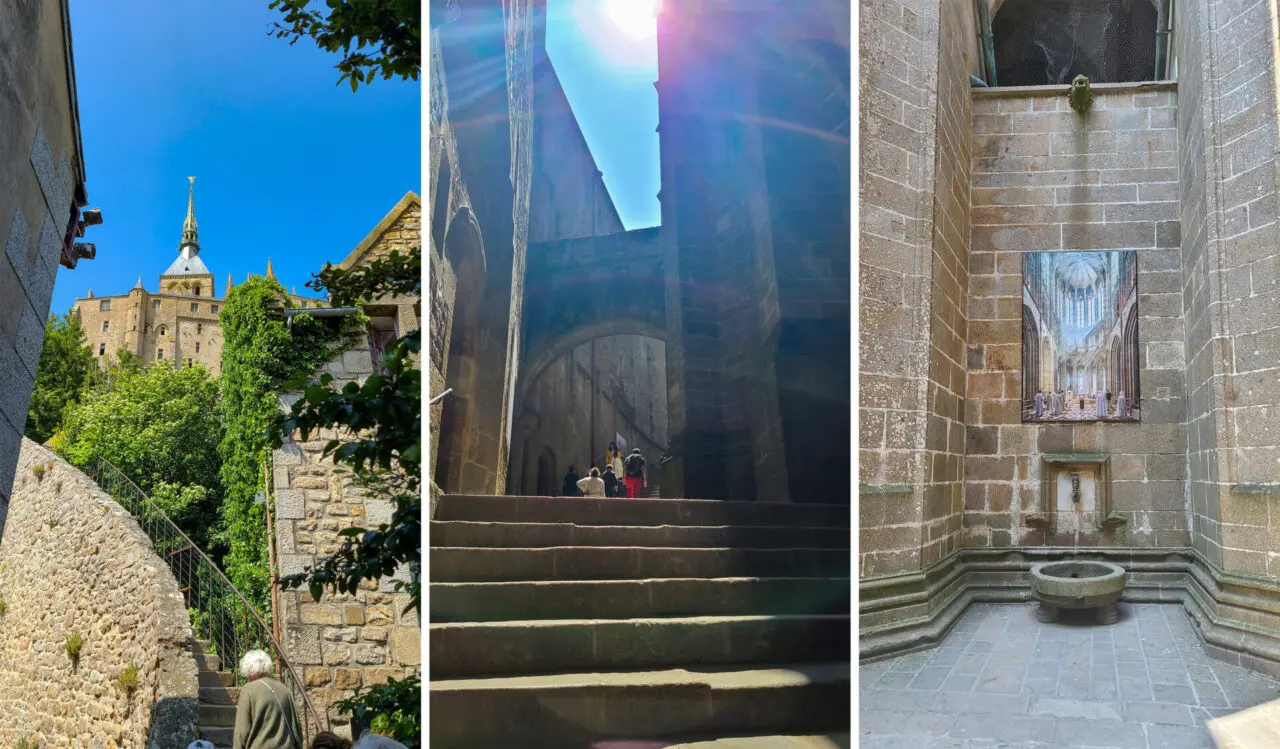 Mont Saint-Michel abbey path collage showing stone stairs, arched passages and Gothic interior architecture