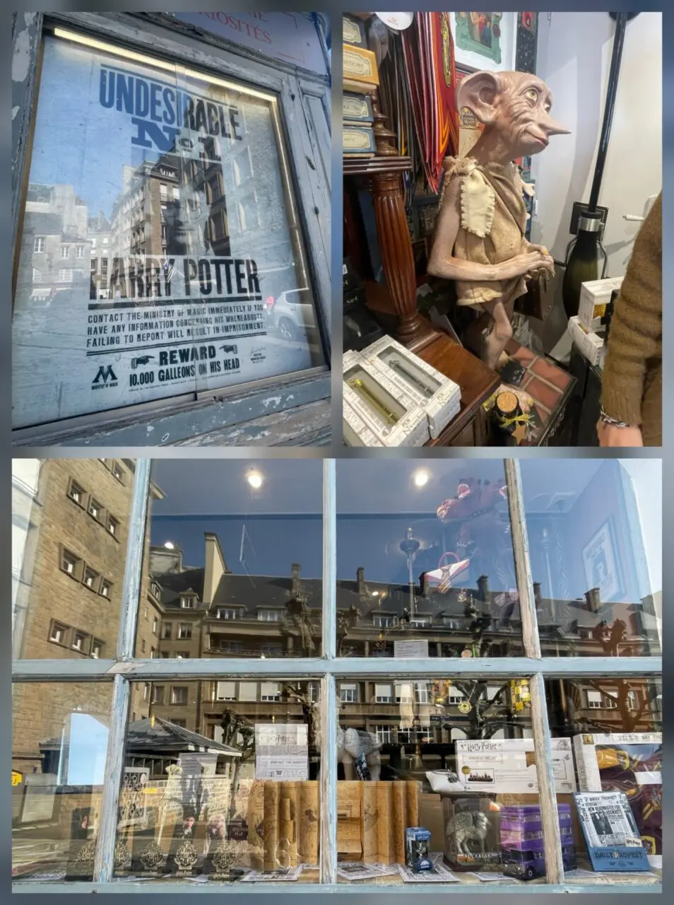Harry Potter merchandise displayed at Mystère & Cie in Saint-Malo featuring wands maps and magical collectibles