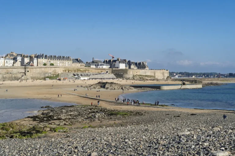View of Bon-Secours Beach and Saint-Malo from Grand Bé showcasing seawater pool and historic cityscape